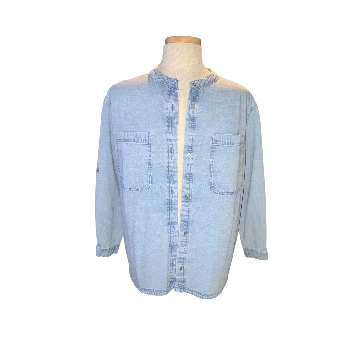 Aerie Light Wash Denim Mandarin Collar Button-Down Shirt - Womens Size M